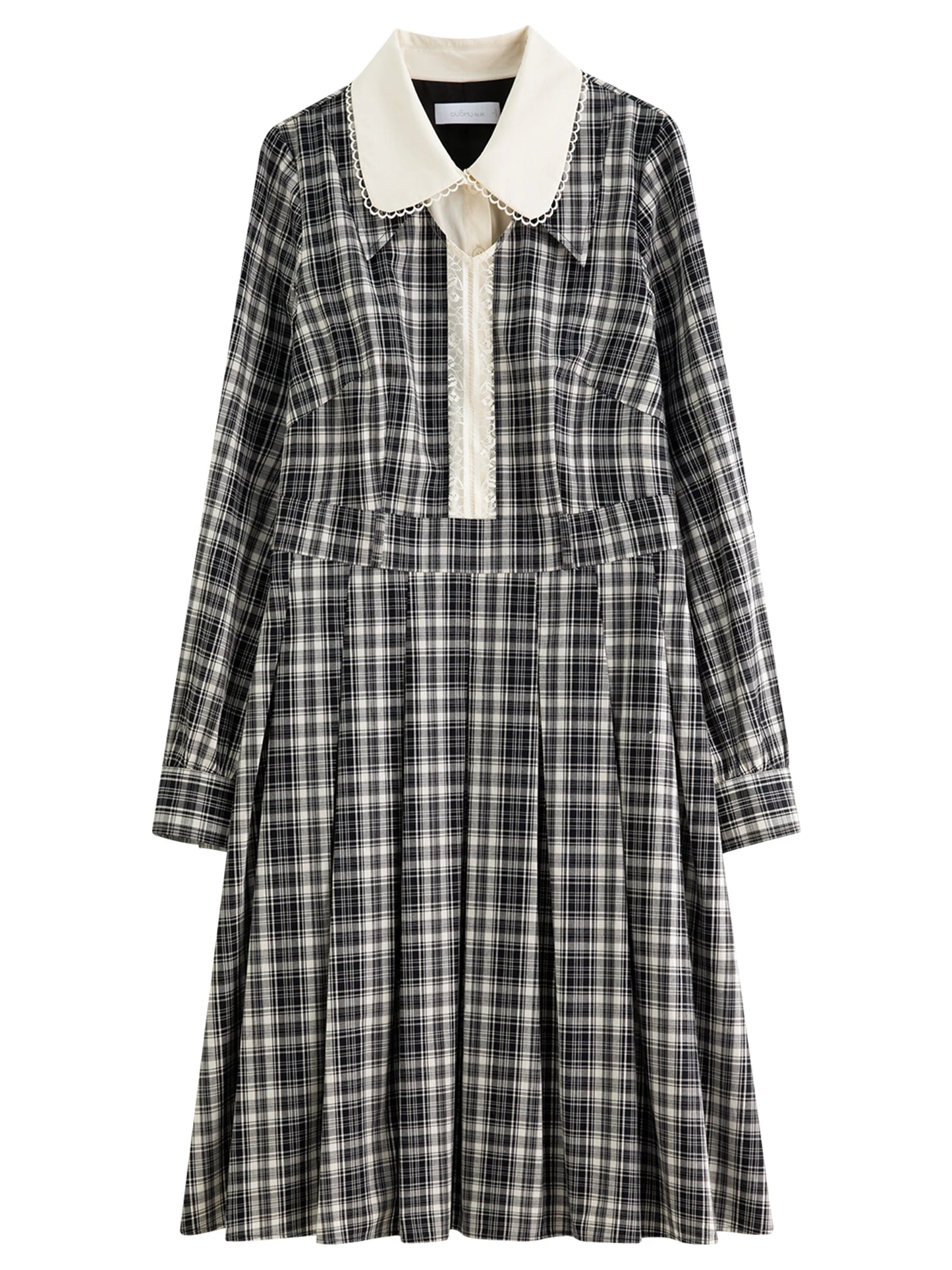 Women's Lace Peter Pan Collar Plaid Dress - Long Sleeve Vintage Style