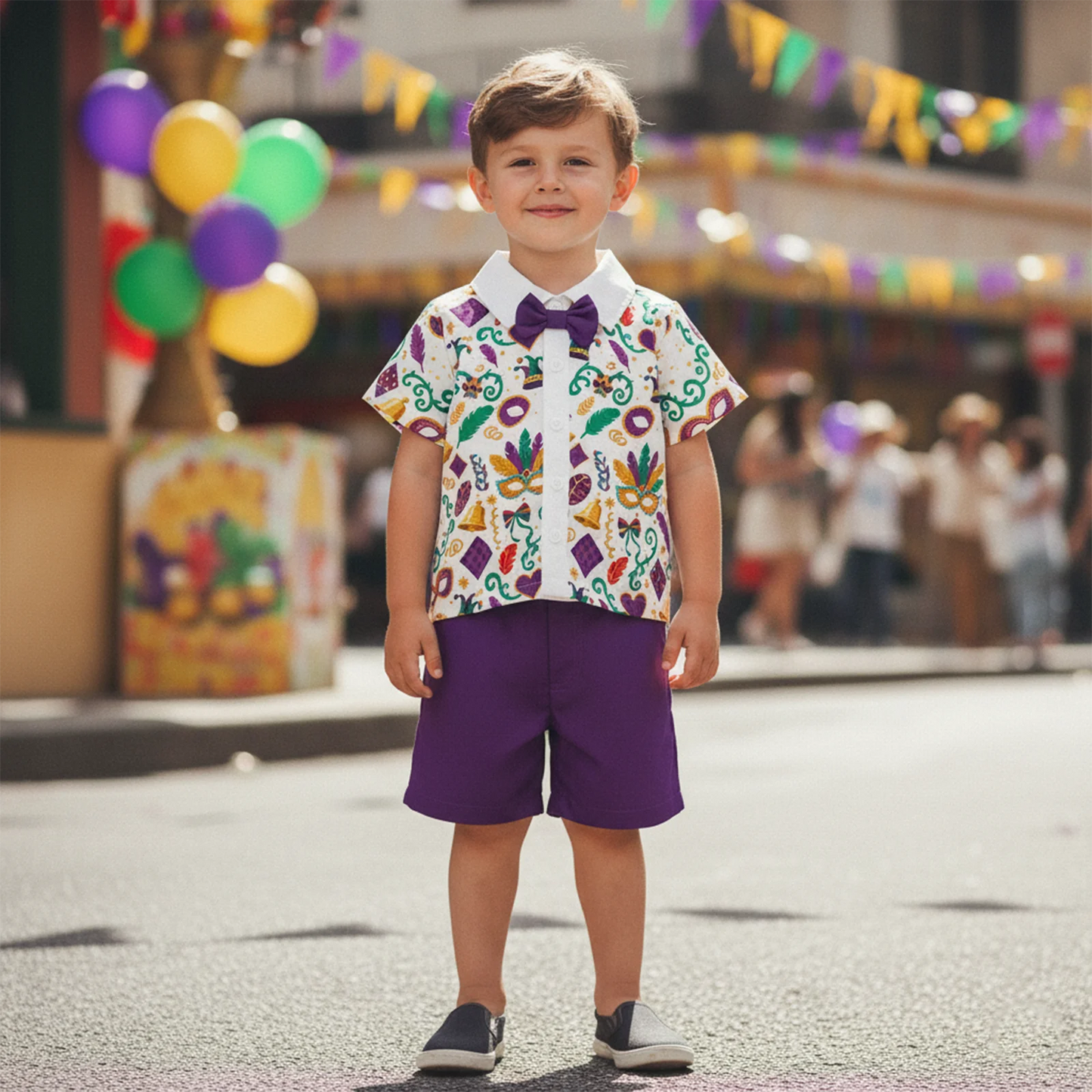 Toddler Boys Gentleman Outfit Set - Cartoon Print Collared Shirt with Bowtie & Shorts 1-6Y