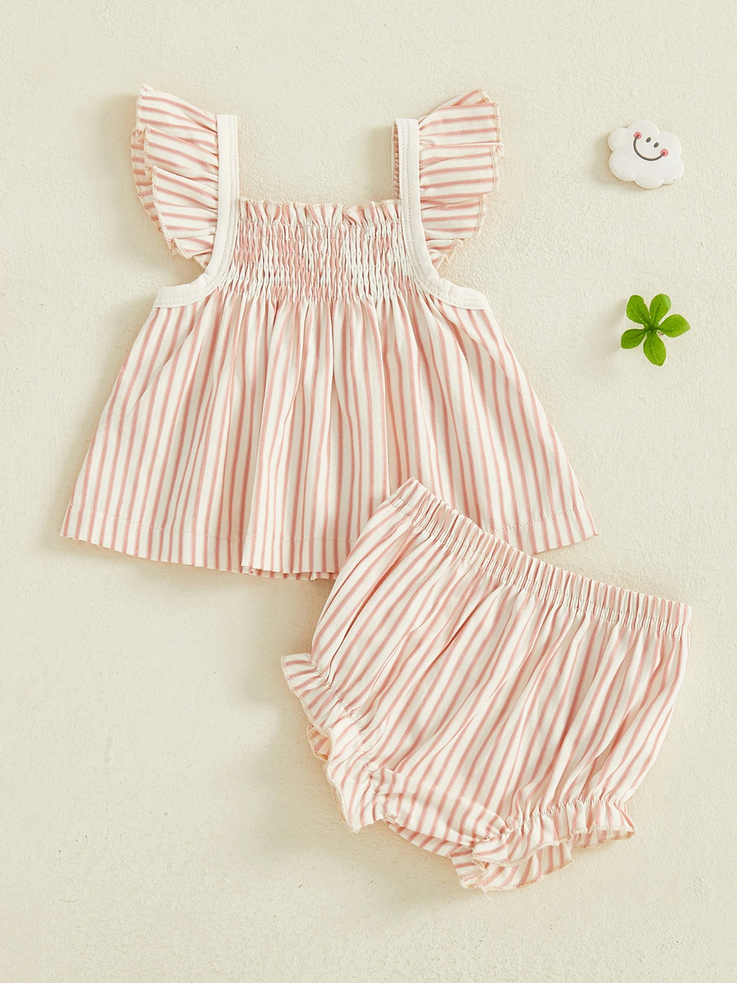 Baby Girls Striped Summer Outfit Set - Flying Sleeve Top & Shorts (0-24M)