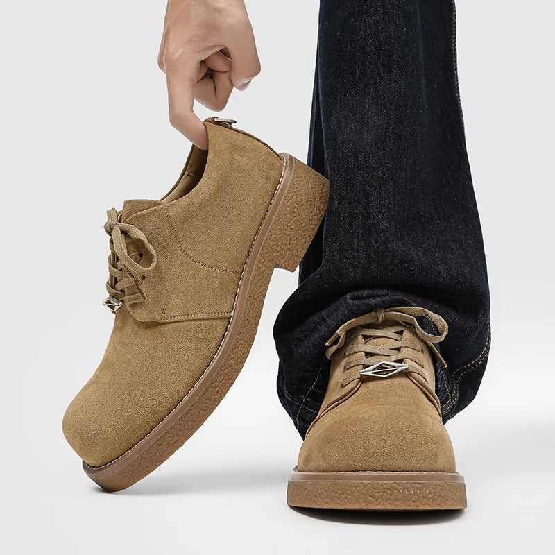 Men's Suede Leather Platform Work Shoes - Lace-Up Business Sneakers