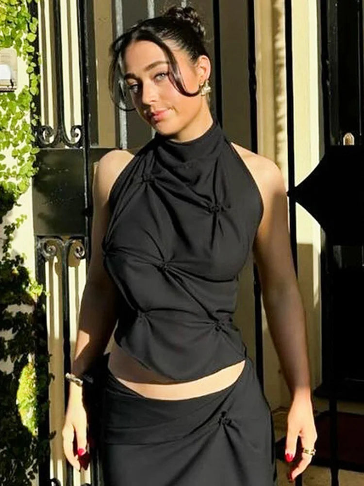 Women's Halter Lace Up Backless Tanks Top  Camis Sleeveless Pleated Top