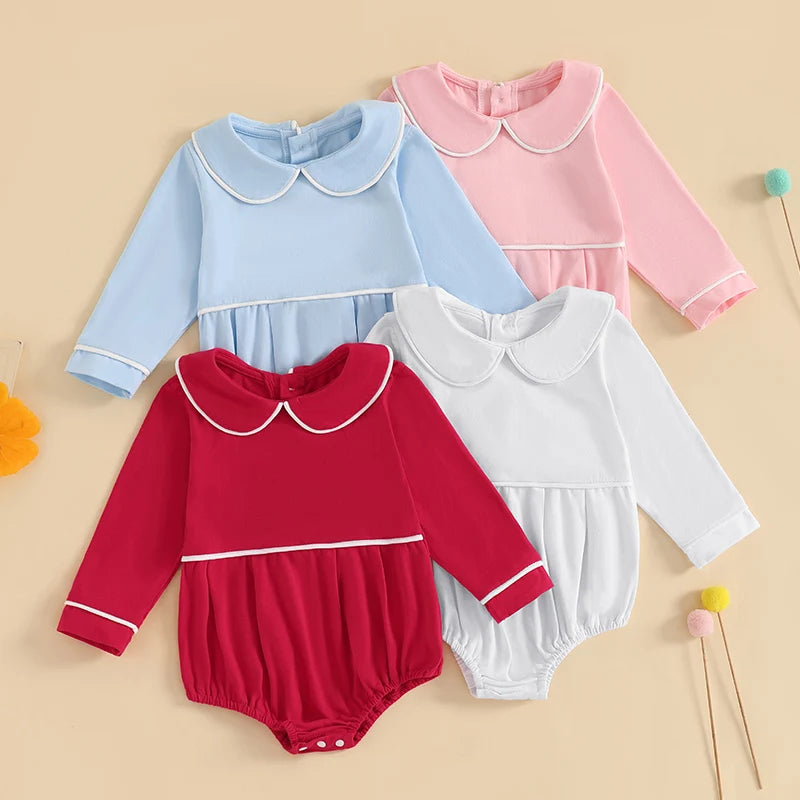 Baby Romper with Doll Collar - Long Sleeve Contrast Line Bodysuit