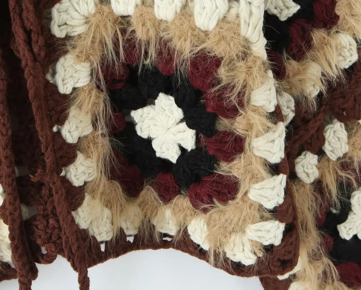 Boho Plaid Handmade Crochet Cardigan - Long Sleeve Lace Up Autumn Sweater