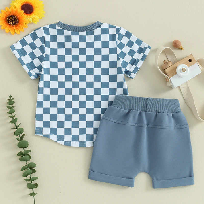 2pcs Toddler Baby Boys Clothes Set 0-3Y Short Sleeve Plaid Print Pocket T-shirt with Shorts Summer Outfit
