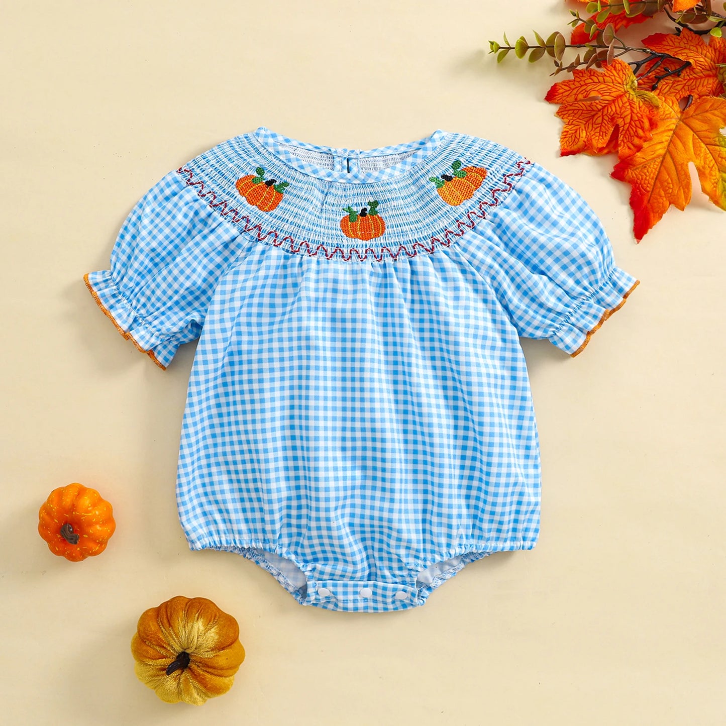 0-3Y Baby Girls Boys Romper Pumpkin Embroidered Plaid Print Short Sleeve Ruffled Jumpsuits