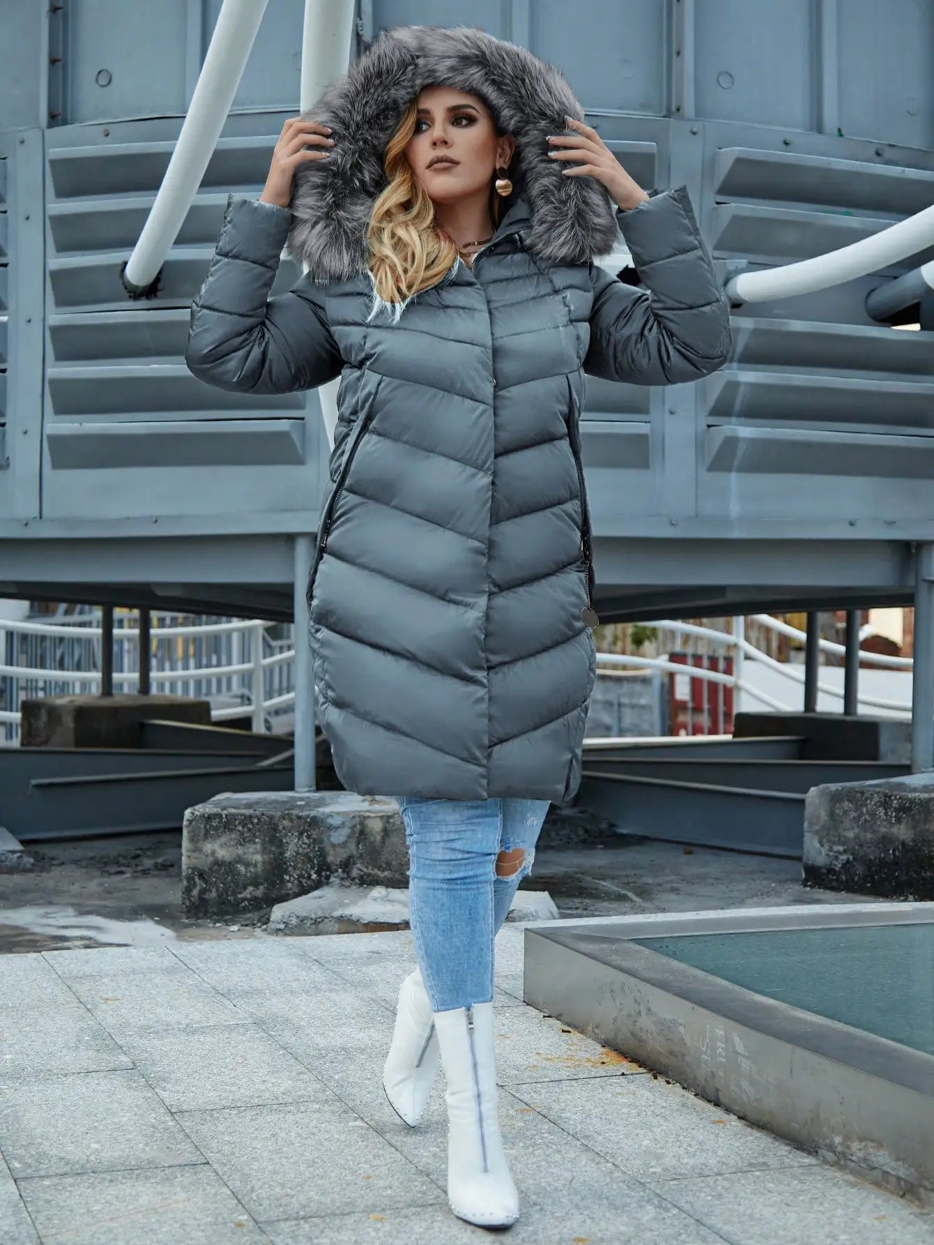 Women's Fur Collar Down Coat - Extra Long Winter Jacket