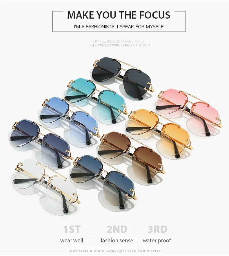 Unisex Vintage Rimless Classic Double Bridge Pilot Gradient Sunglasses