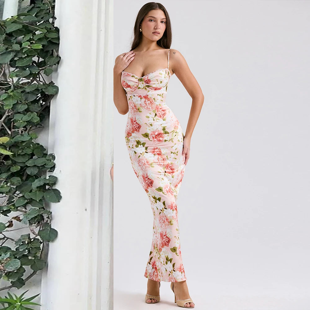 Summer Long Party Dress - Pink Peony Print Maxi Elegant Spaghetti Strap Dress