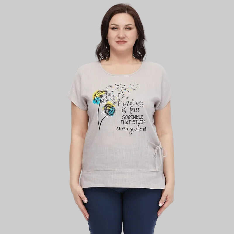 Women's Oversized Cotton Linen Floral Print T-Shirt – Short Sleeve