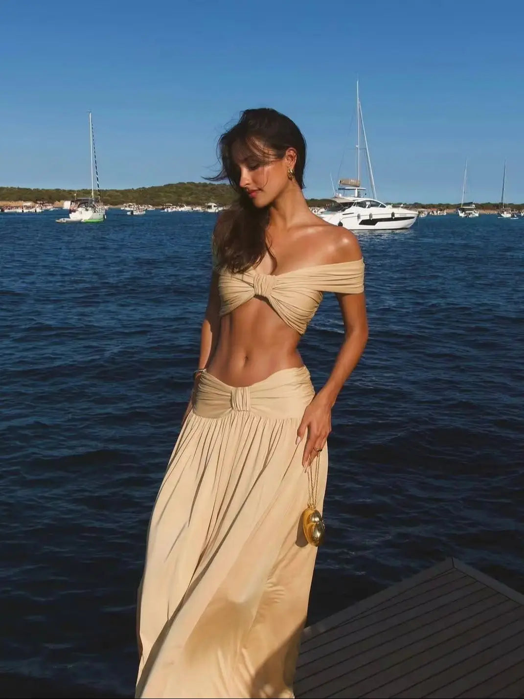 Women's Two Piece Off-Shoulder Halter Set - High Waist A-Line Ruched Skirt