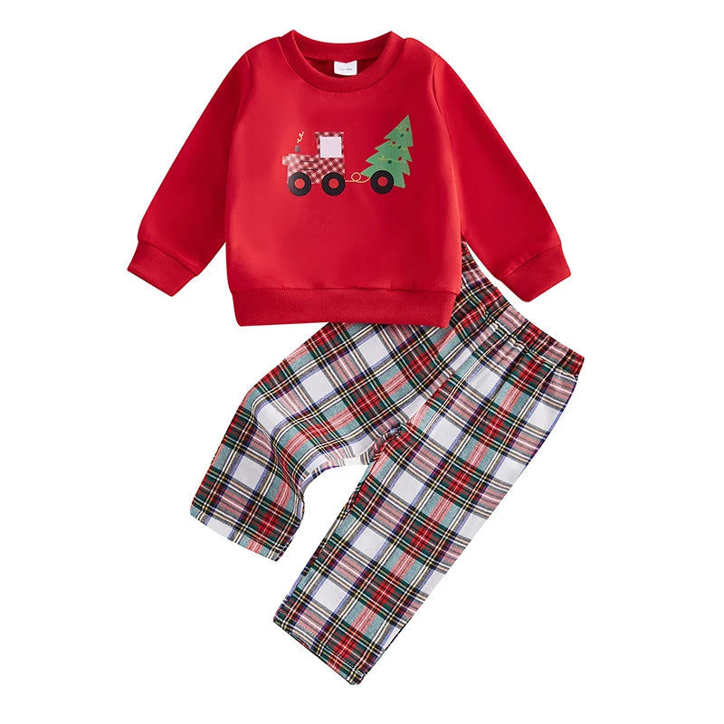 1-5Y Toddler Kids Boys Christmas Clothes Set- Xmas Tree Print Long Sleeve Sweatshirt with Plaid Pants Set