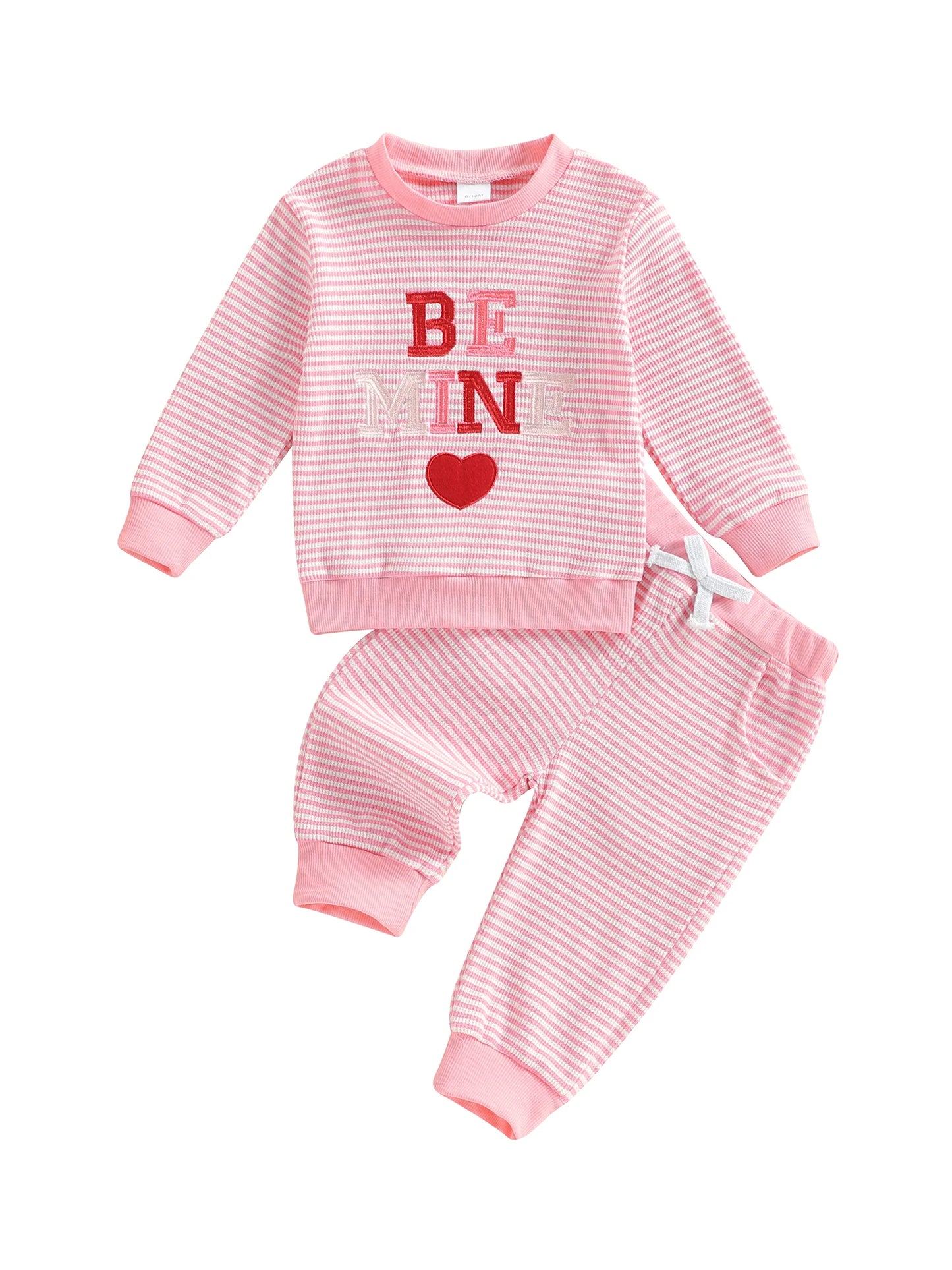 Baby Girls Valentine's Day Striped Heart Embroidery Long Sleeve Pullover and Pants Set