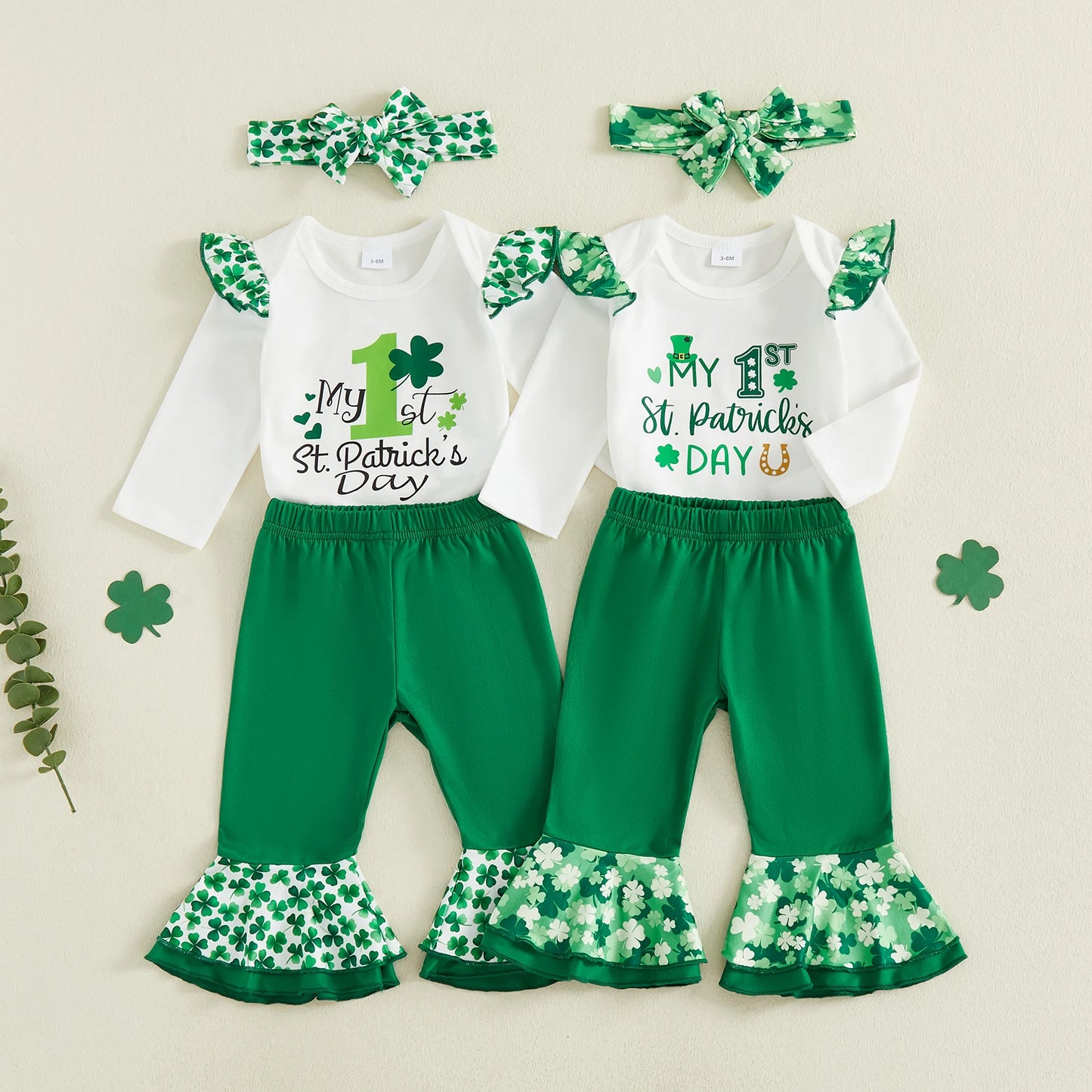 Baby Girls Boys Clover Print Outfit Set - Long Sleeve Romper with Flare Pants & Headband 0-18M