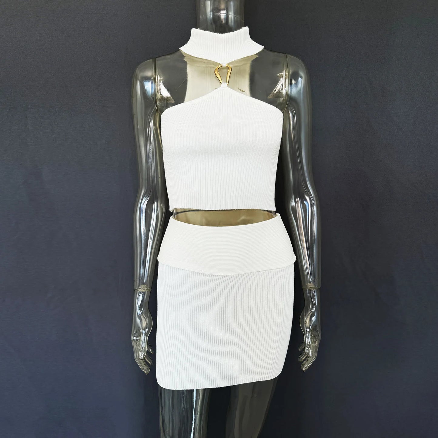 Women's Embellished Sleeveless 2 Piece Co-ord Set - Bodycon Knitted Skirt & Top