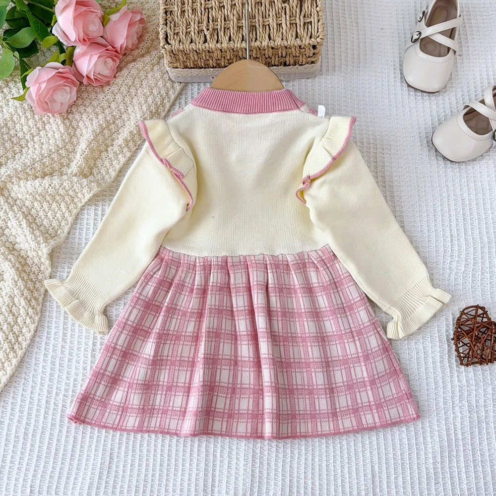 Girl's Long Sleeved Round Neck  with Checkered Bow Patchwork Dress