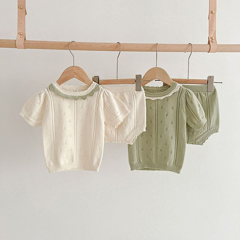 Baby's Hollow Out Knit Tee and Shorts 2 Pcs Set