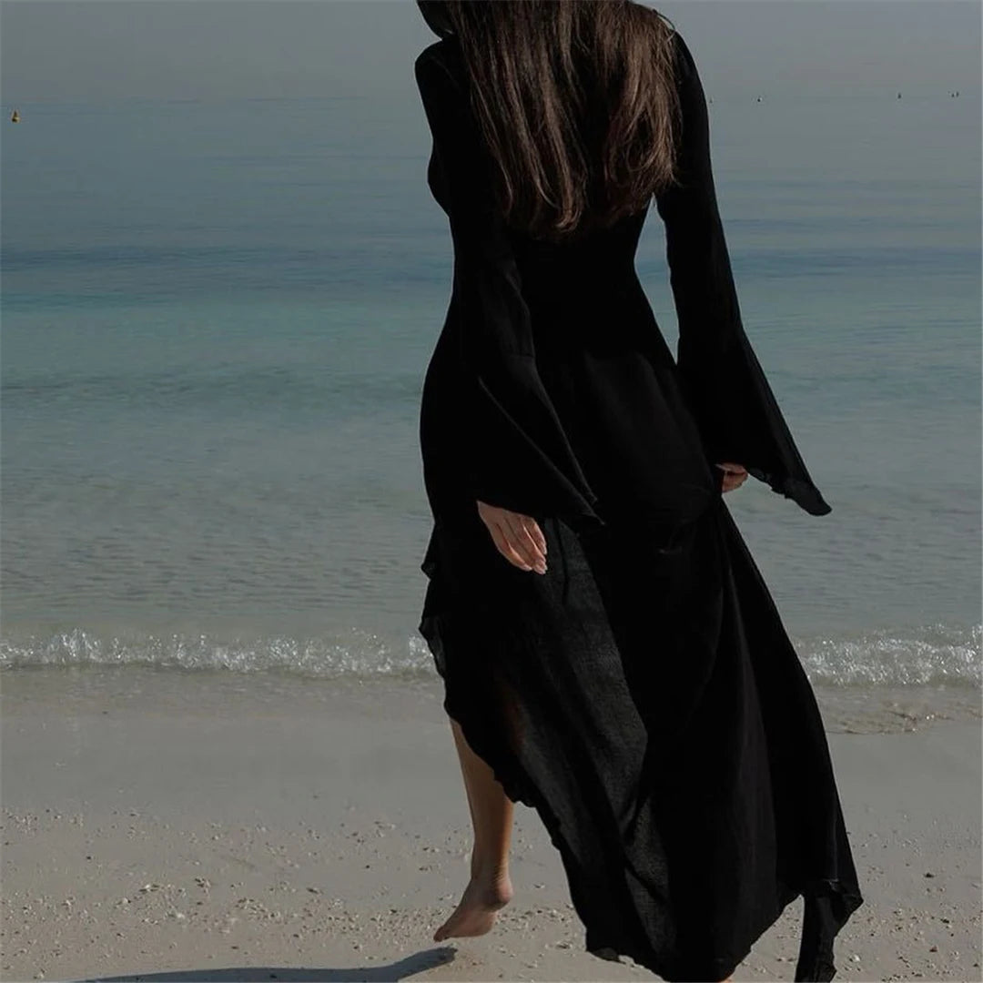 V Neck Ruffled Long Sleeve Chiffon Beach Cover Up Dress