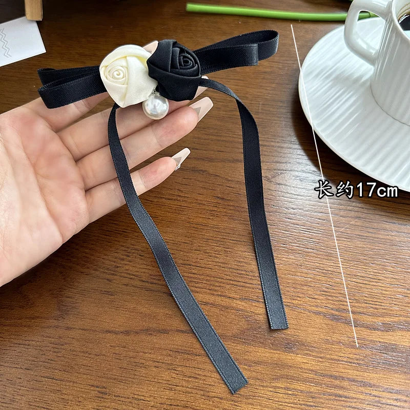 Rose Flower Brooch with Pearl & Ribbon Bow - Women's Fashion Pin