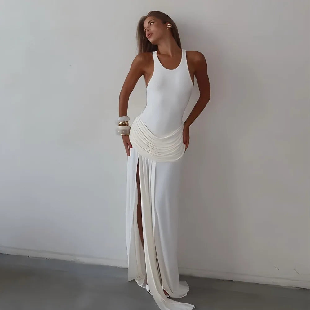 Women's Ruched Split Maxi Dress - Elegant Sleeveless Evening Gown