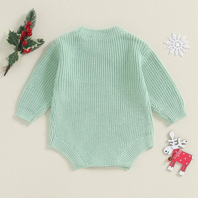 0-18M Baby Boys Girls Christmas Knit Romper Sweater Letter Embroidery Long Sleeve Crew Neck Bubble Jumpsuit