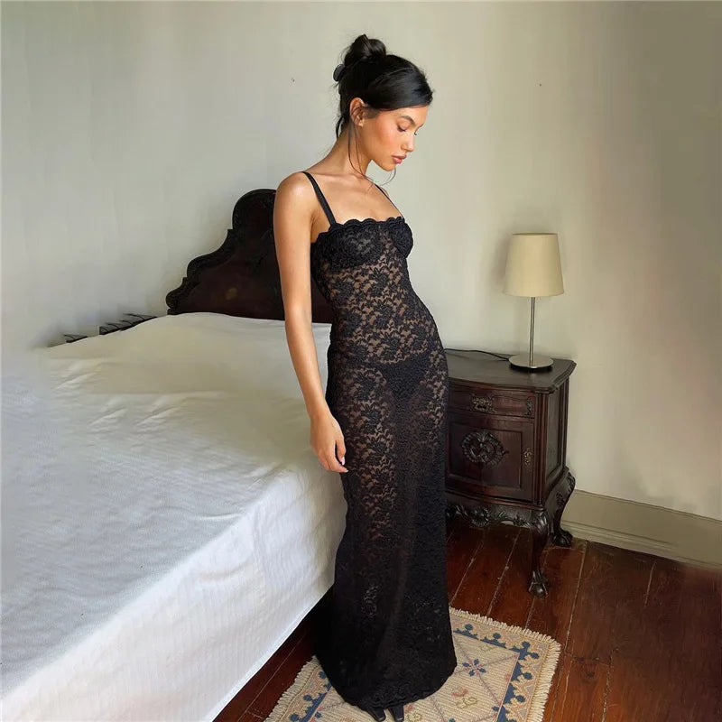 Women's Hollow Out Transparent Lace Maxi Dress - Split  Backless Sleeveless Dress Outfit