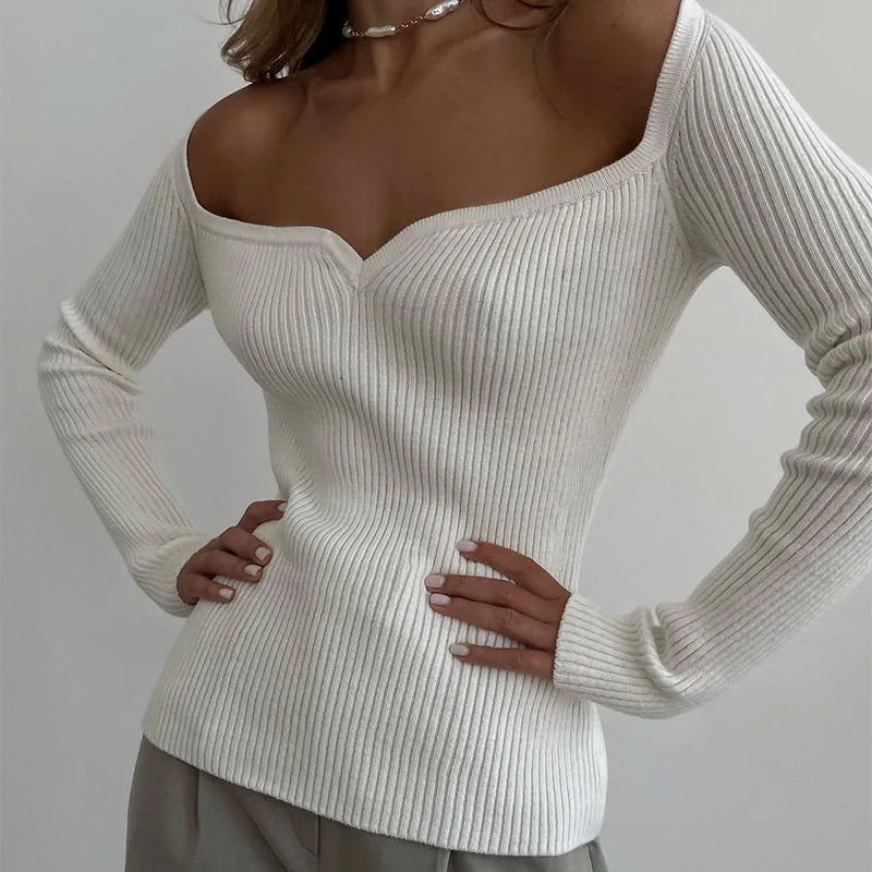 Women's Square Collar Knit Long Sleeve Top