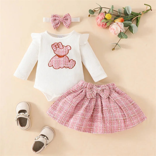 0-18M 3pcs Baby Girls Lovely Clothes Sets Bear Embroidery Long Sleeve Romper Plaid Skirts Headband