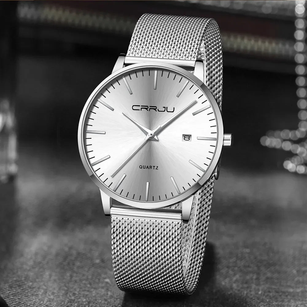 Ultra Slim Stainless Steel Watch - 40mm Mesh Strap Men's Automatic Wristwatch