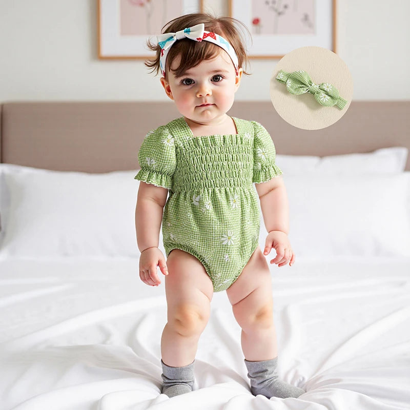 Baby Girls Romper Set with Headband - Plaid Flower Print Short Sleeve Bodysuit 2-Piece