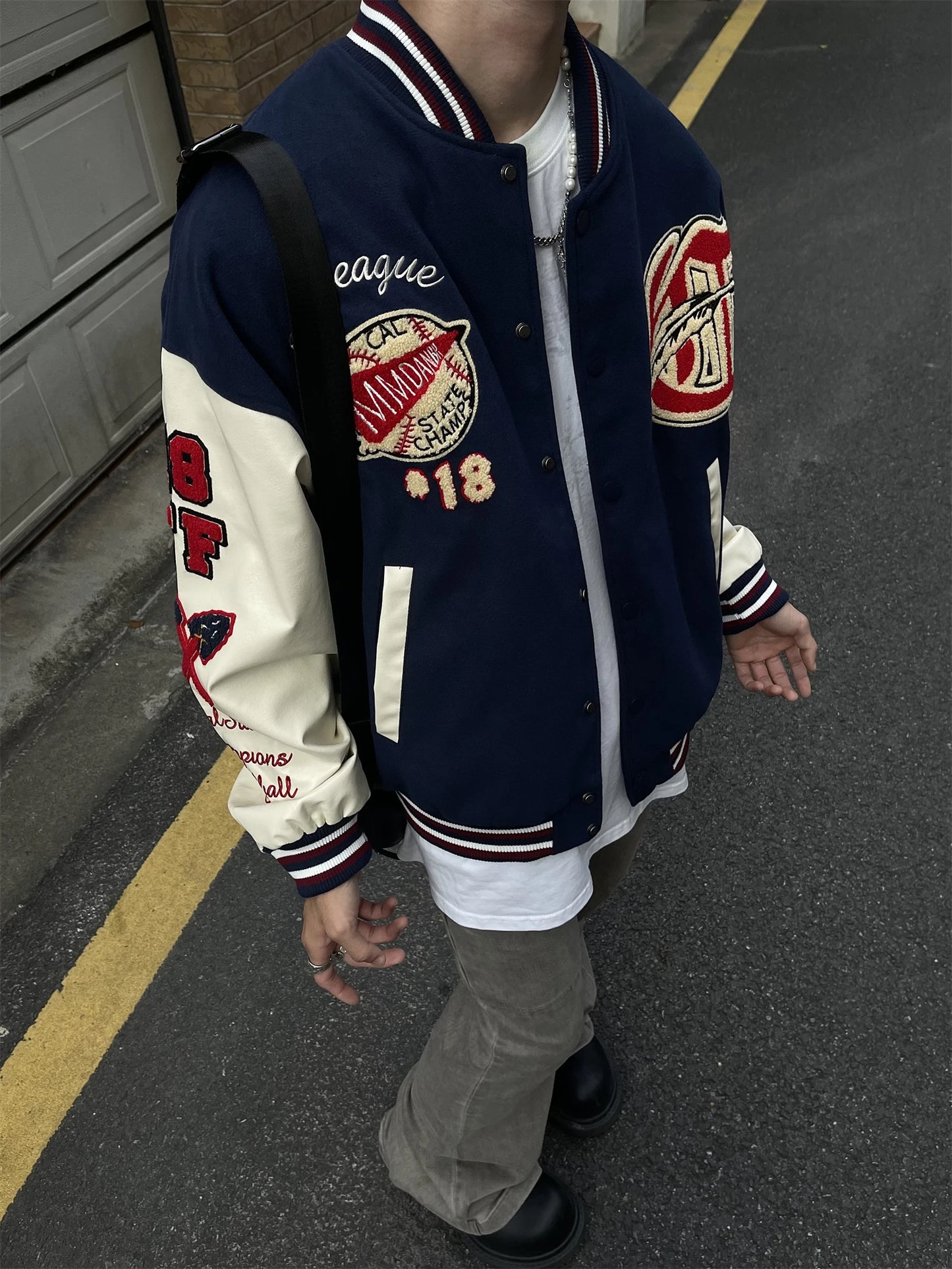 Men's Vintage Flocked Embroidery Patchwork Varsity PU Leather Sleeve Baseball Jacket