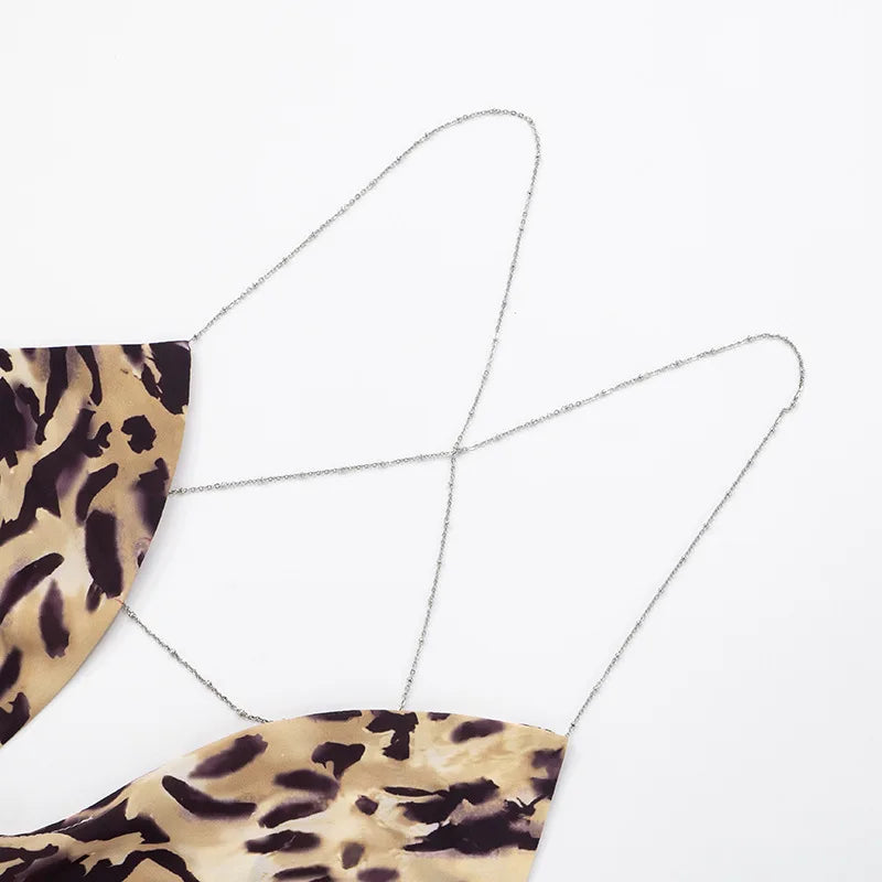 Women's Leopard Print Draped Cami Top - Deep V Neck Chain Detail Backless Crop Top