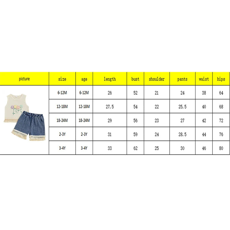 1-5Y Kids Girls Summer Clothes Sets Sleeveless Floral Embroidery Tasseled Tank Top and Elastic Denim Shorts