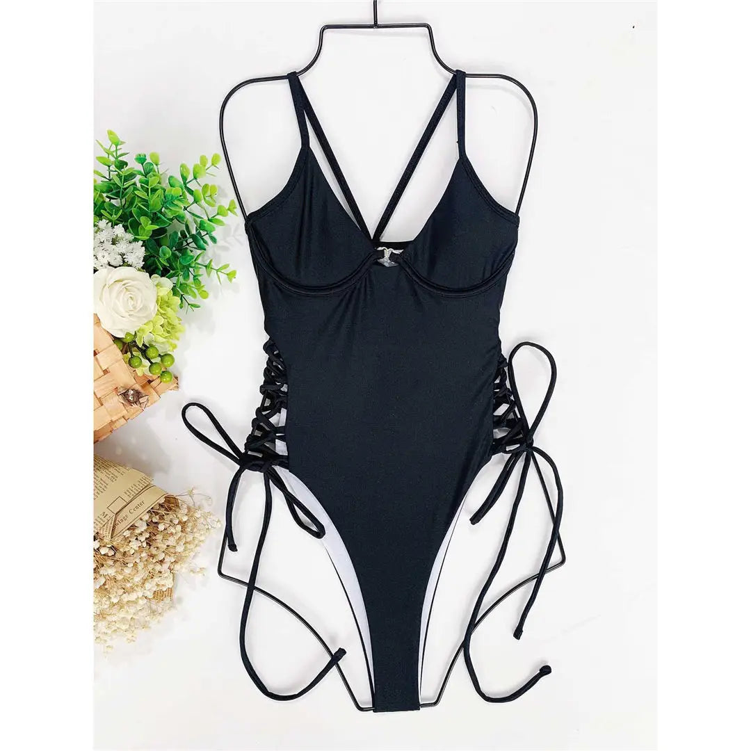 Women's Lace Up Underwired One Piece Swimwear Backless Swimsuit