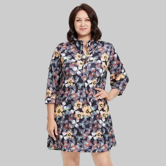 Women's Floral Print Stand-Up Collar Dress — Three-Quarter Sleeve Elegant Office Dress