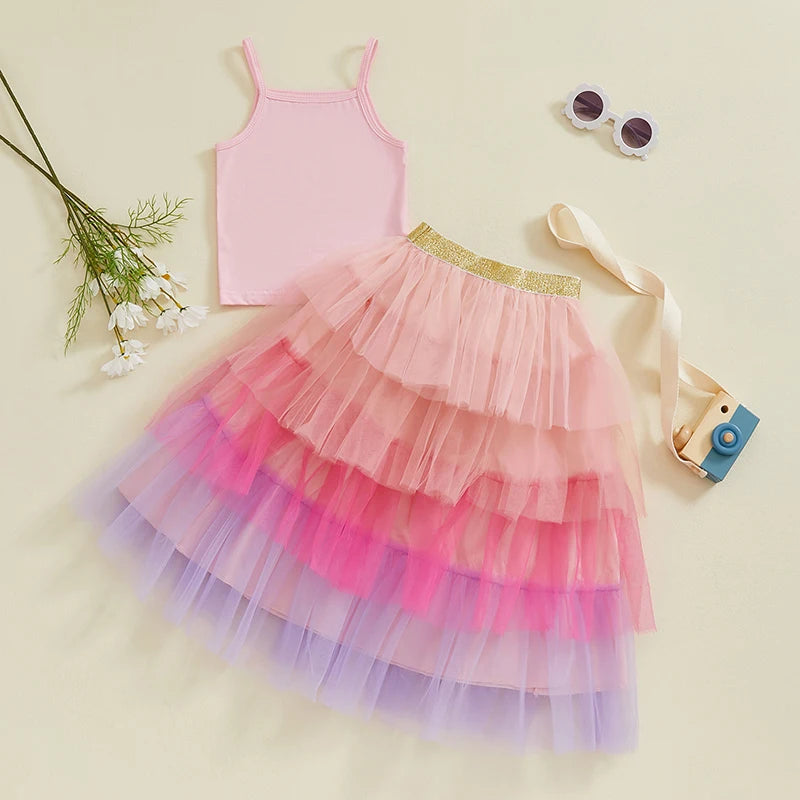 2-7Y  Kids Girls Summer Clothes Sets Sleeveless Camisole with Rainbow Lace Tulle Skirt