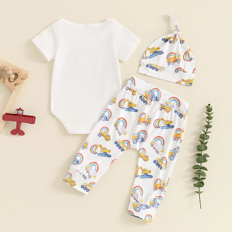 0-18M 3pcs Baby Boys Western Clothes Set - Cow/Cartoon Letter Print Short Sleeve Romper with Pants and Hat