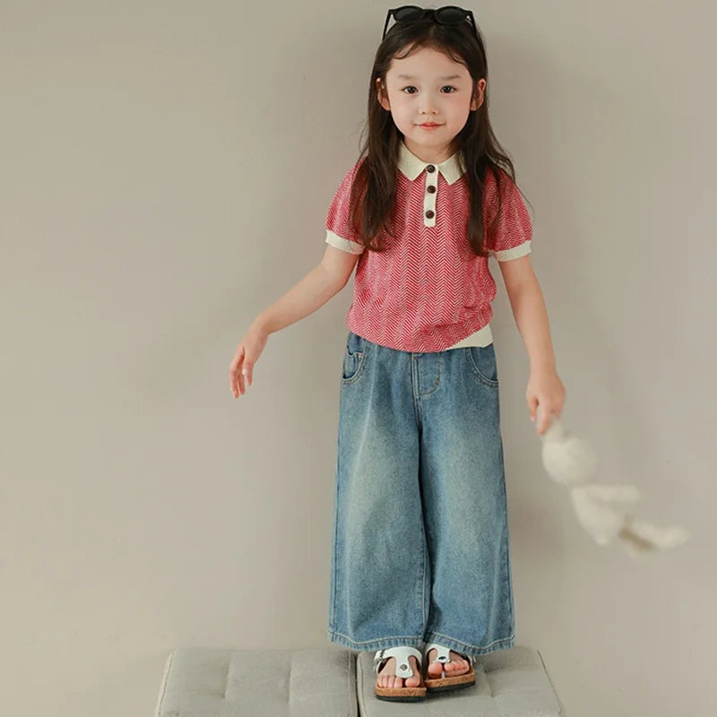 Girl's High Waist Wide-Leg Denim Jeans for 3-8Yrs Old