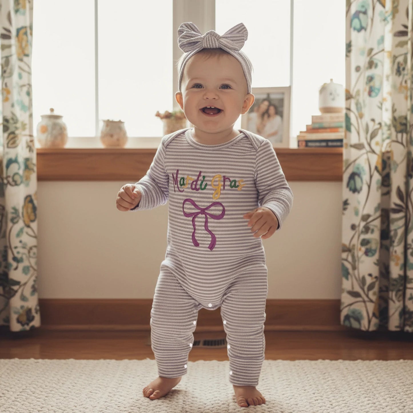 Newborn Baby Romper with Headband - Bow Letter Embroidery Stripe Long Sleeve Jumpsuit