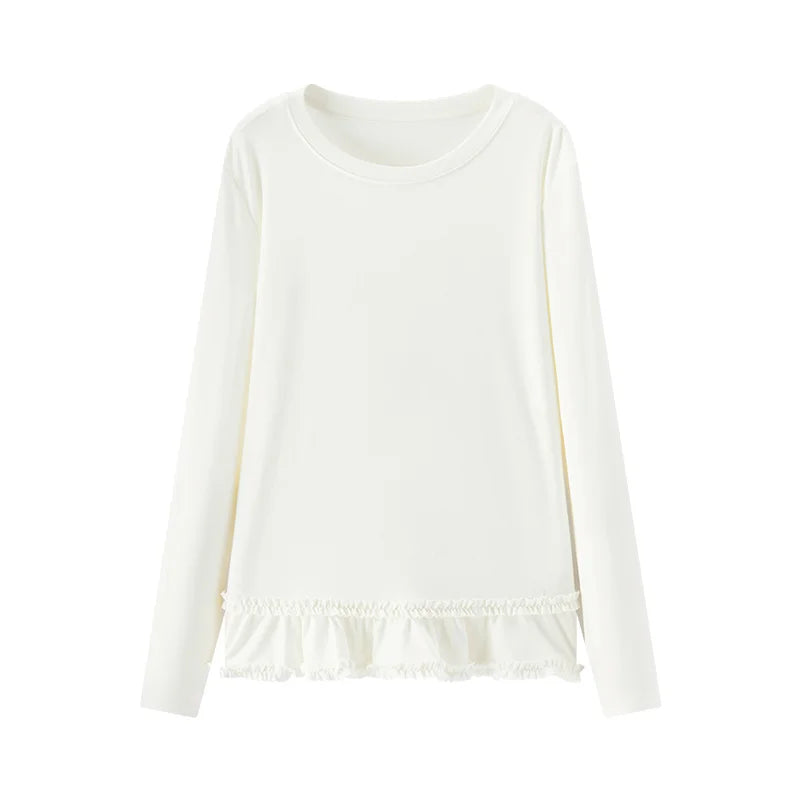 Long Sleeve Solid Color Lettuce Edge Slim Fit Ruffle Hem Top