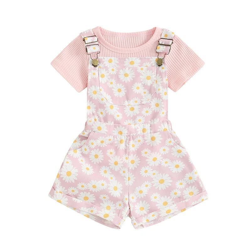 Toddler Kids Girls Clothes Sets 1-5Y Outfit Solid Ribbed Short Sleeve T-Shirt with Daisy Print Overall Shorts