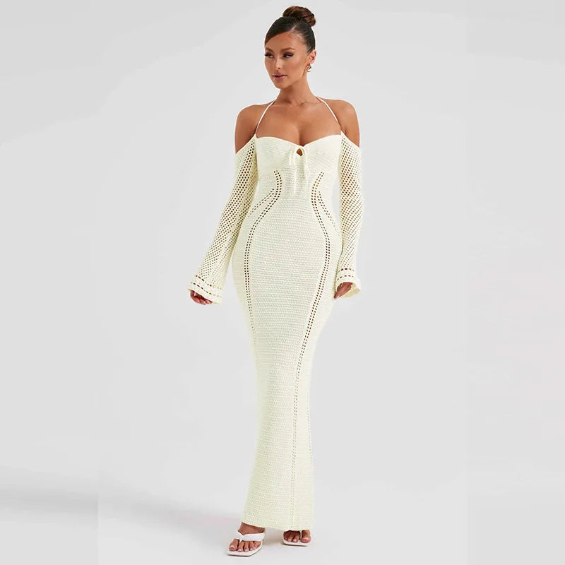 Women's Off Shoulder Halter Knit Dress - Long Sleeve Elegant Backless Tie Front Maxi Dress