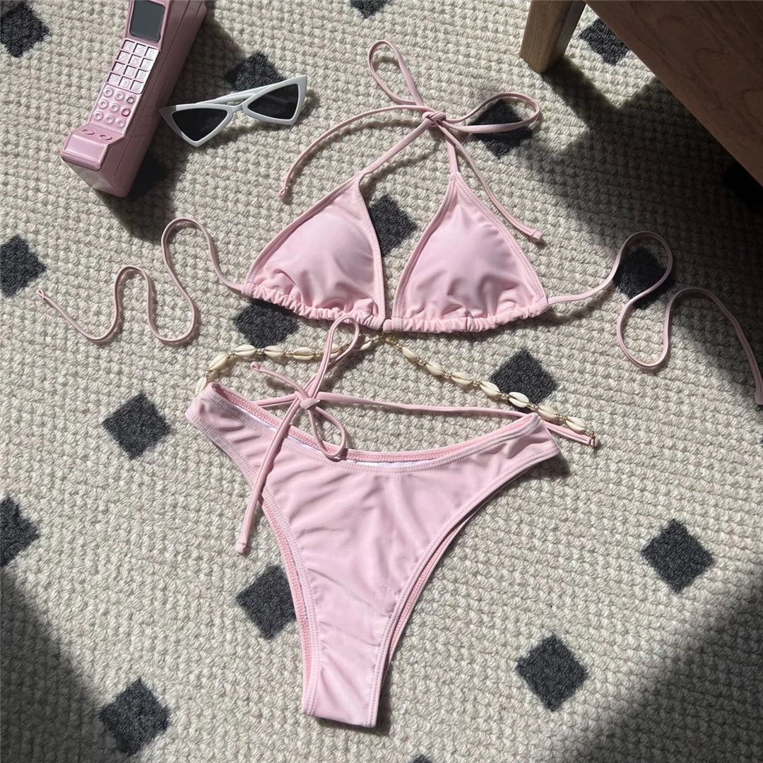 Women's Halter Shell Brazilian Bikini Set | Wire-Free Padded Two-Piece Swimwear
