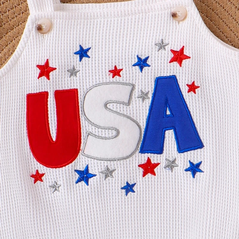 0-18M Baby Waffle Romper Sleeveless Letter Star Embroidery Square Neck USA Print Jumpsuits