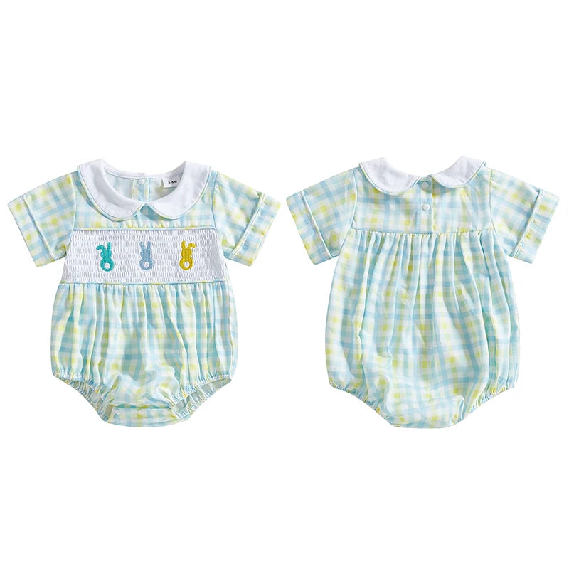 Baby Easter Romper with Bunny Embroidery - Smocked Doll Collar Bodysuit (Unisex)