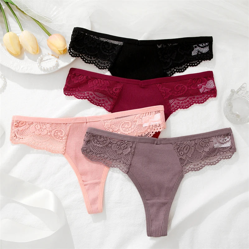 Cotton Lace Thongs - 3 Pack Low Waist Bikini Panties