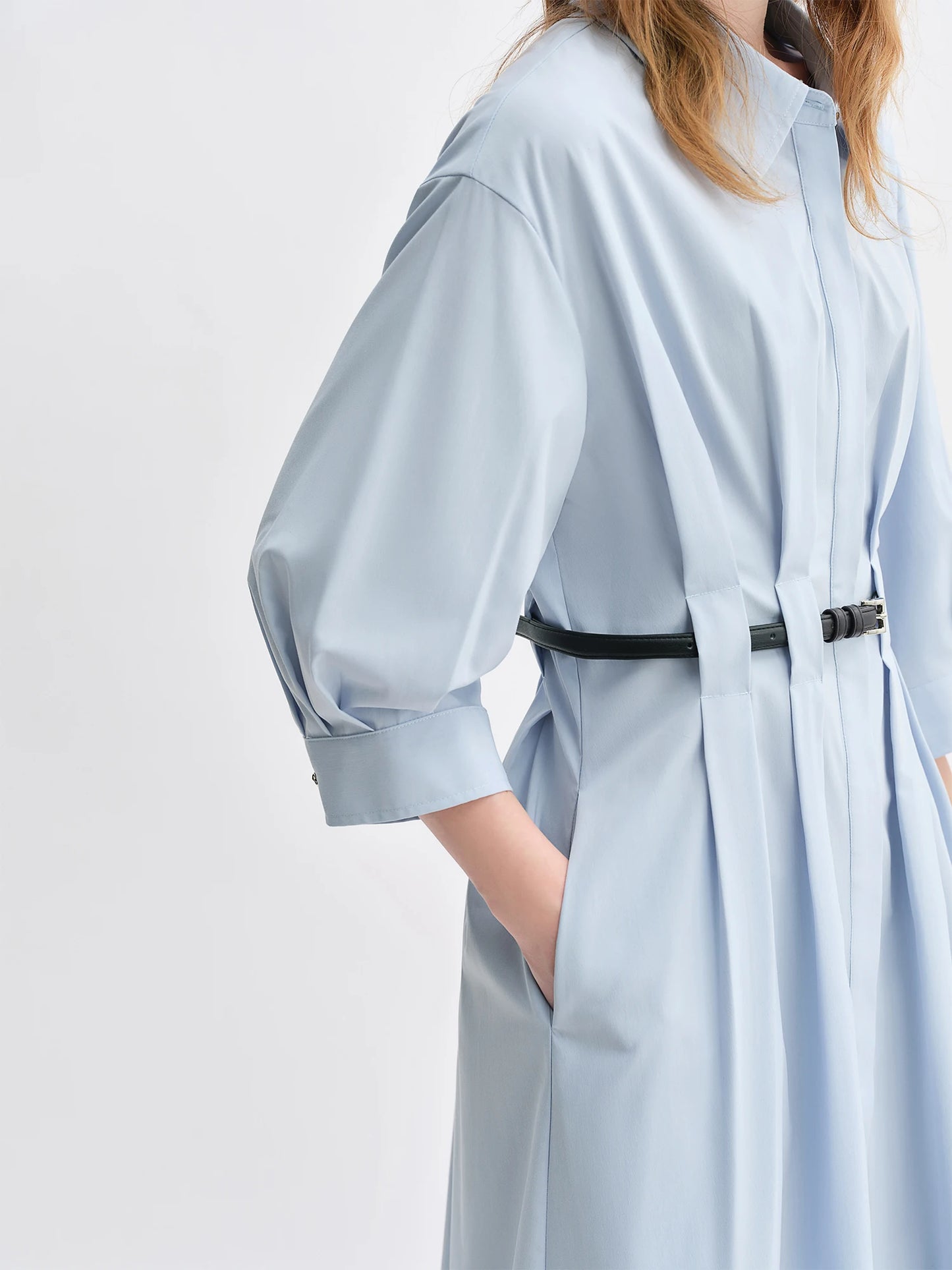 Vertical Striped Shirt Dress with Pleated Design and Belt