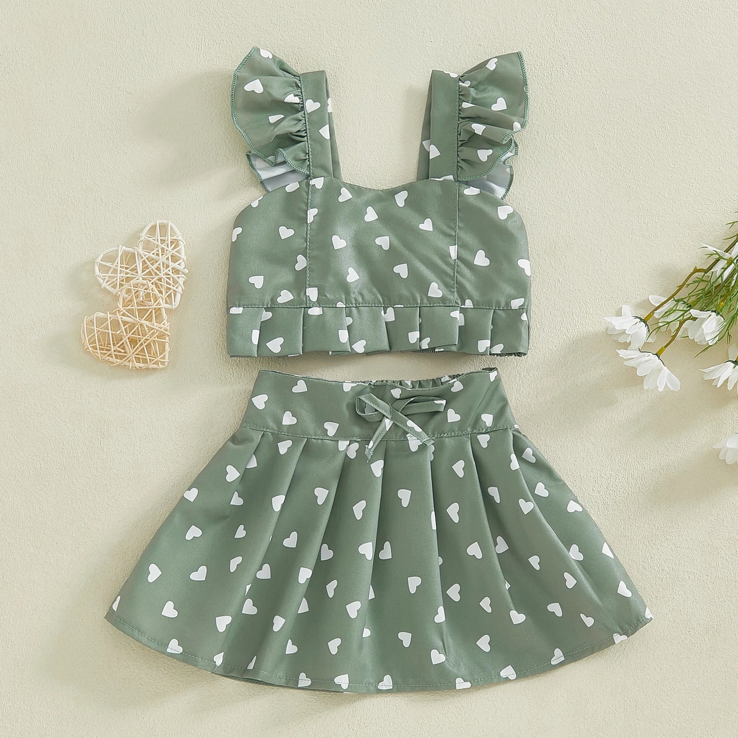 0-4Y  Kids Girl's Summer Clothes Set Fruit Print Flutter Sleeve Tank Top with Bow A Line Skirt
