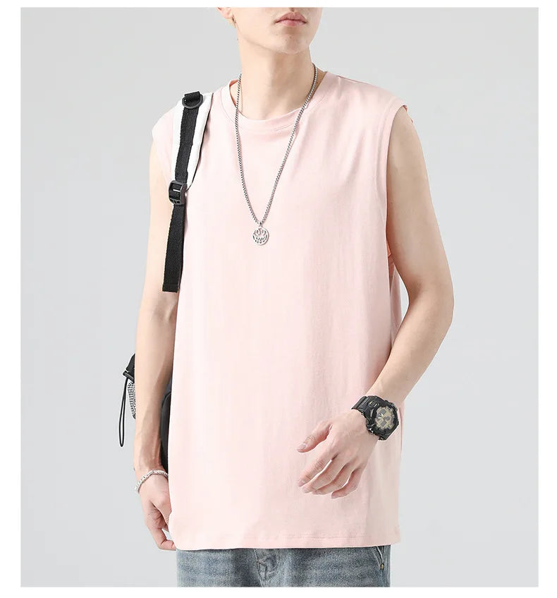 Men's Summer Cotton Sleeveless Loose Vest Sports Comfortable Breathable Round-Neck Tank Top