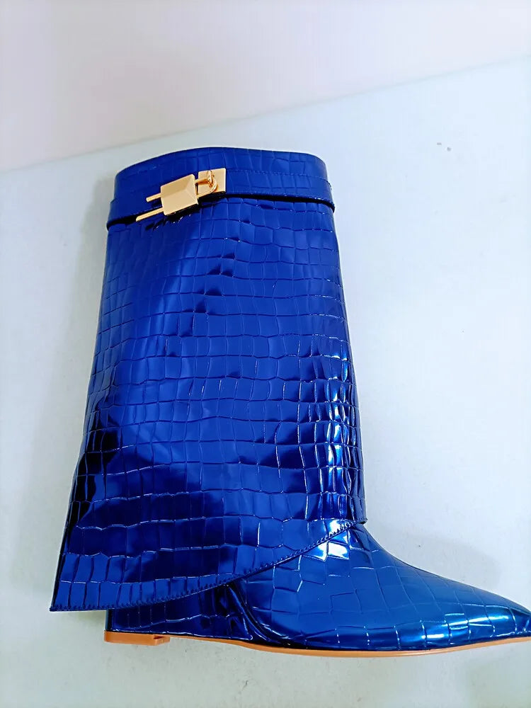 Women's Wedge Leather Mid-Calf Boots - 10cm Heel Metal Buckle Boots