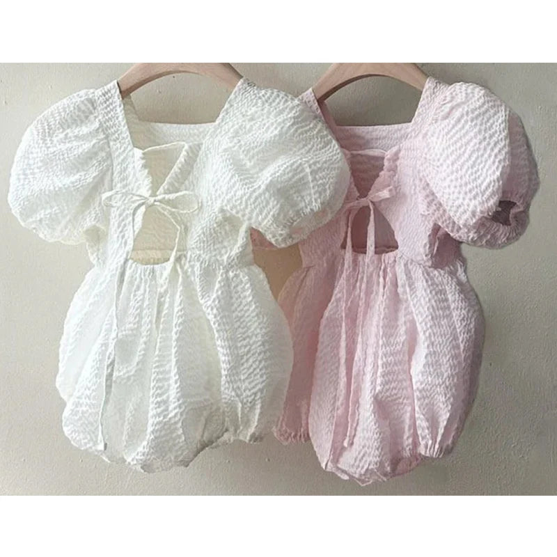 Baby Girls Bubble Romper - Short Puff Sleeve Square Neck Backless Playsuit